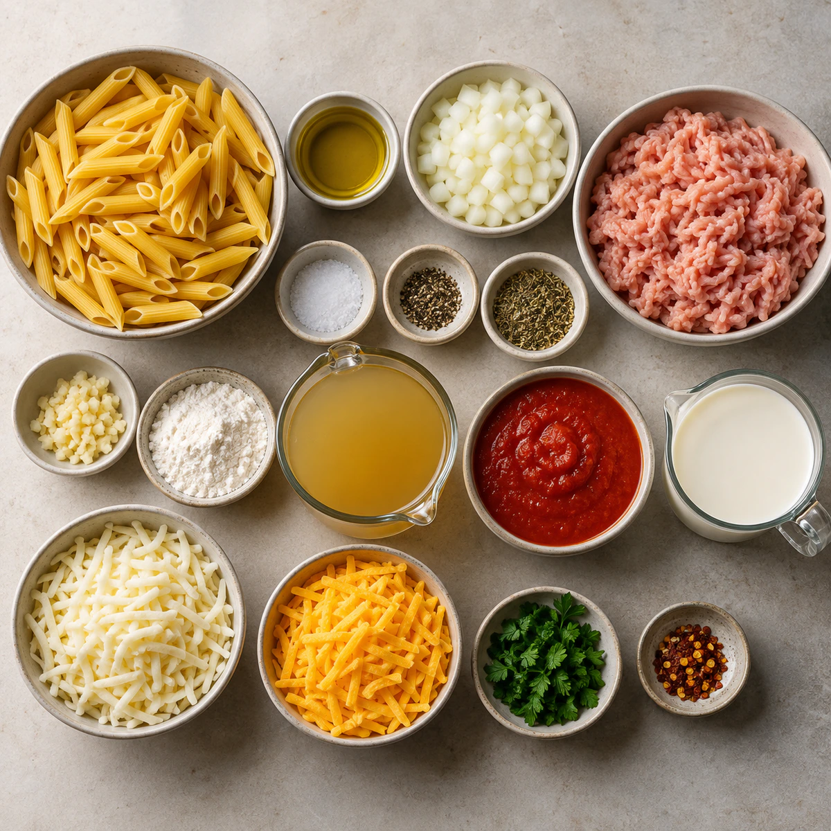 Exact measured ingredients for Easy Creamy Ground Turkey Pasta Recipe