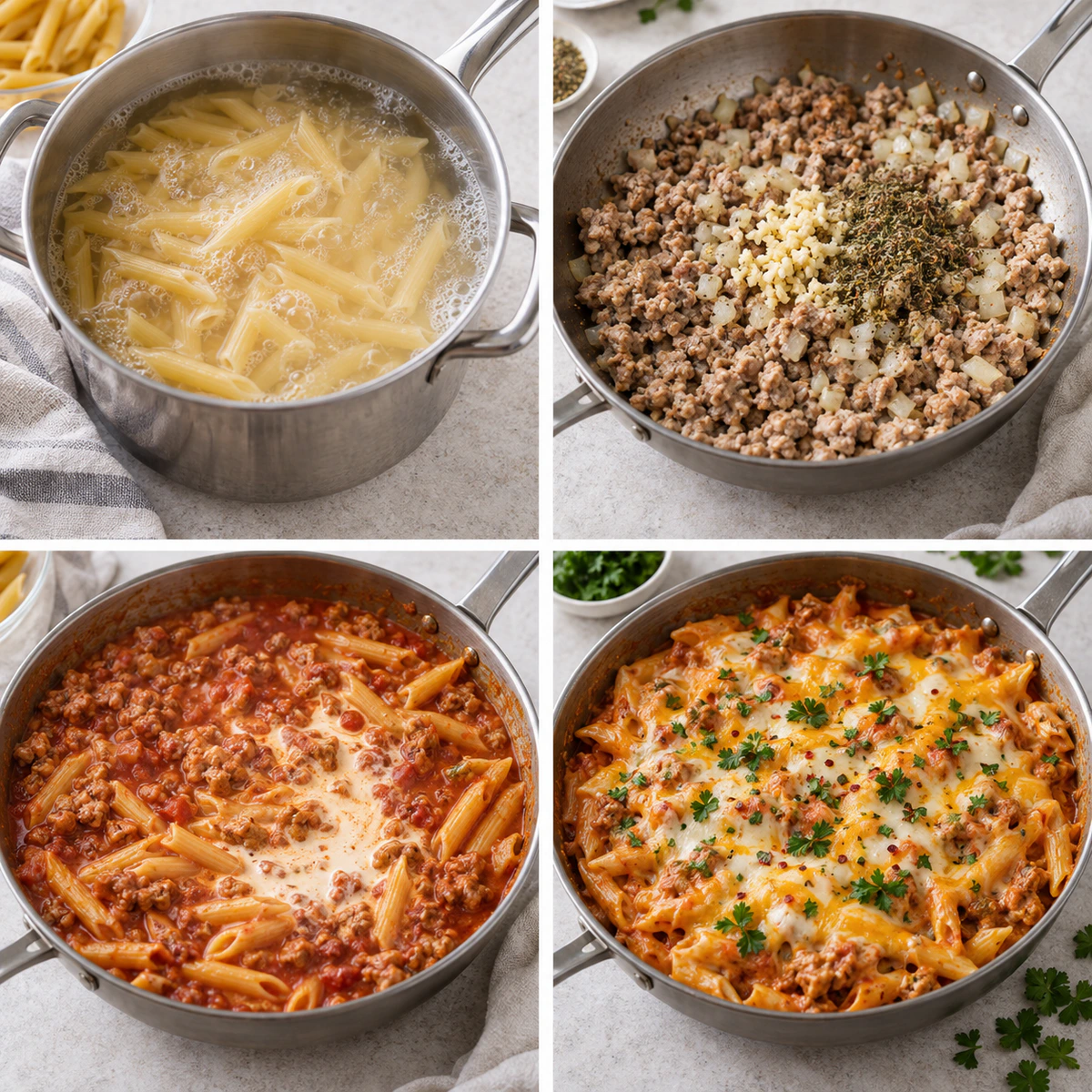 Four chronological preparation stages for Easy Creamy Ground Turkey Pasta Recipe