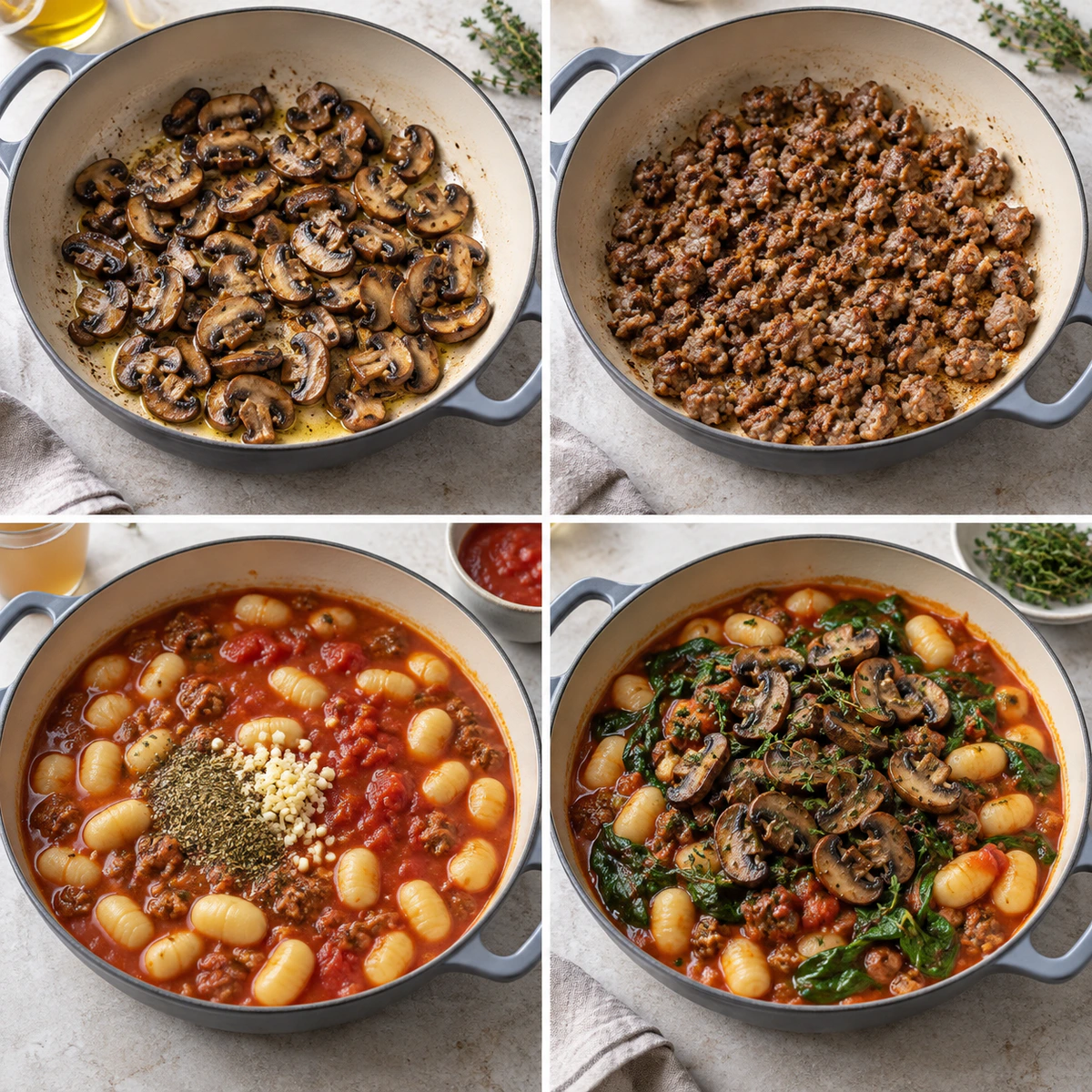 Four chronological preparation stages for Quick Pan Gnocchi