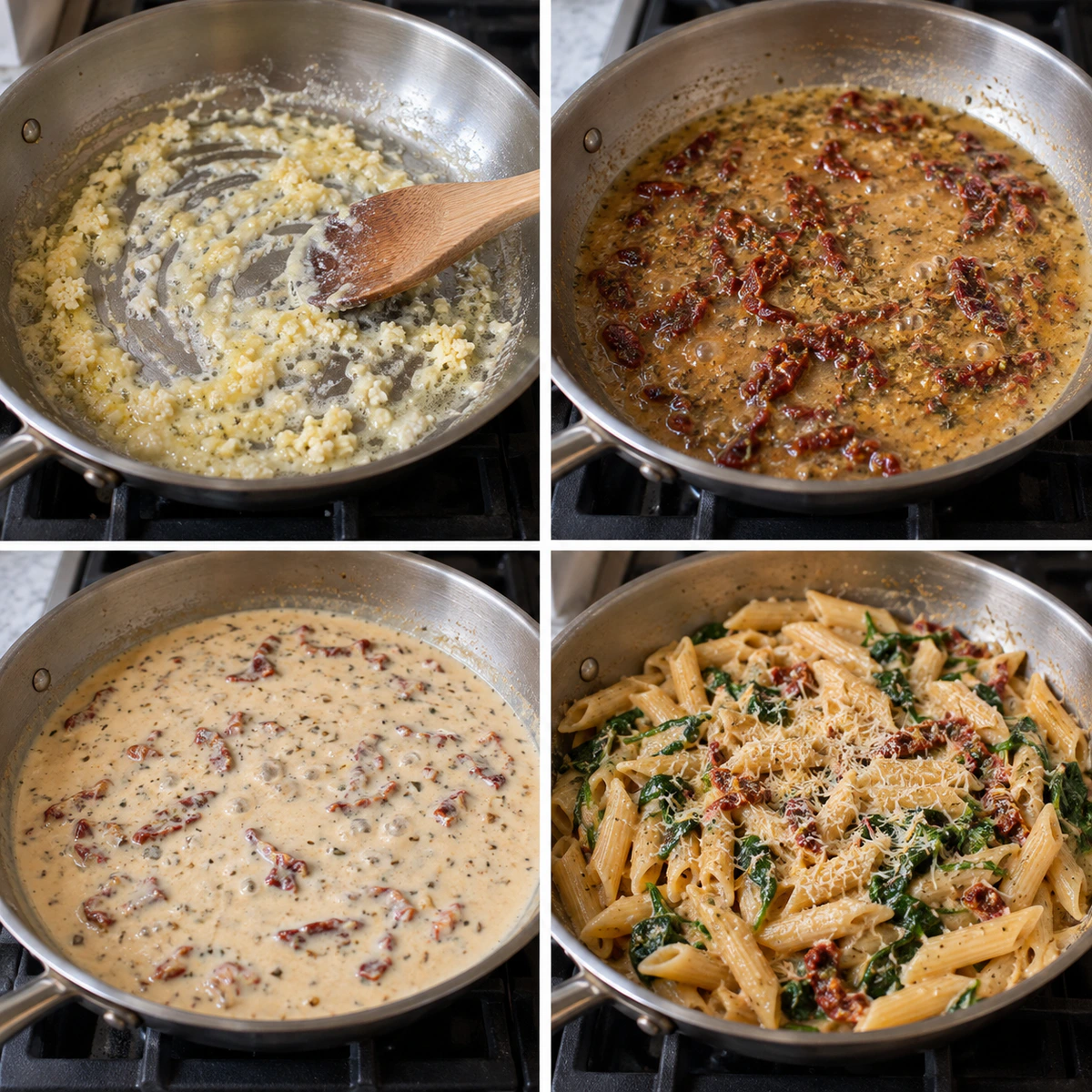 Four chronological preparation stages for Easy Creamy Pasta Dish