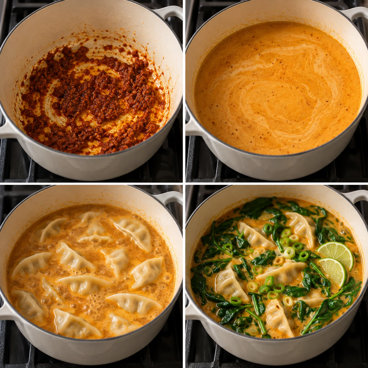Four chronological preparation stages for Thai Coconut Soup