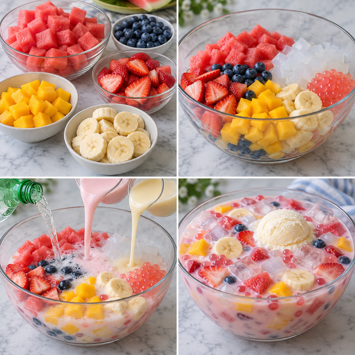 Four chronological preparation stages for Fresh Summer Korean Fruit Punch Recipe