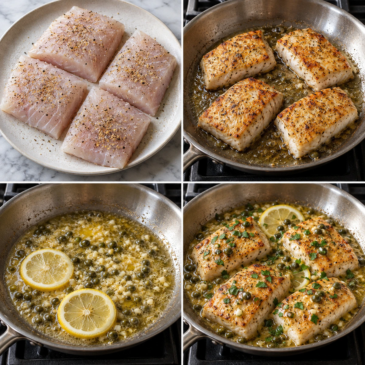 Four chronological preparation stages for Easy Mahi Mahi with Lemon Garlic Butter Sauce