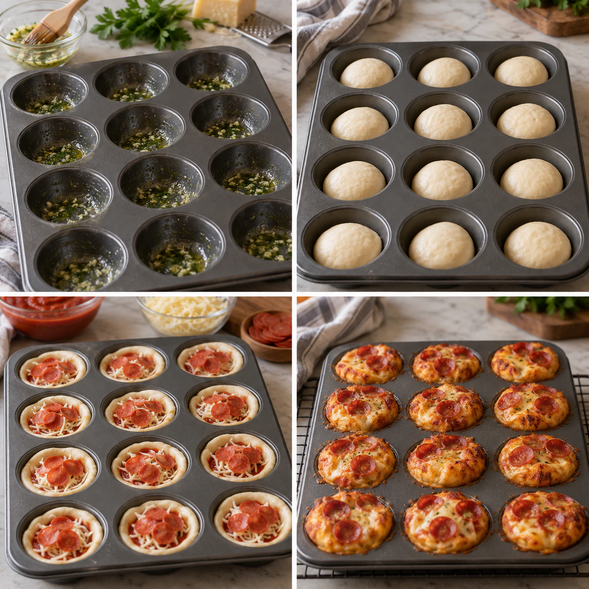Four chronological preparation stages for Mini Pizza Cups