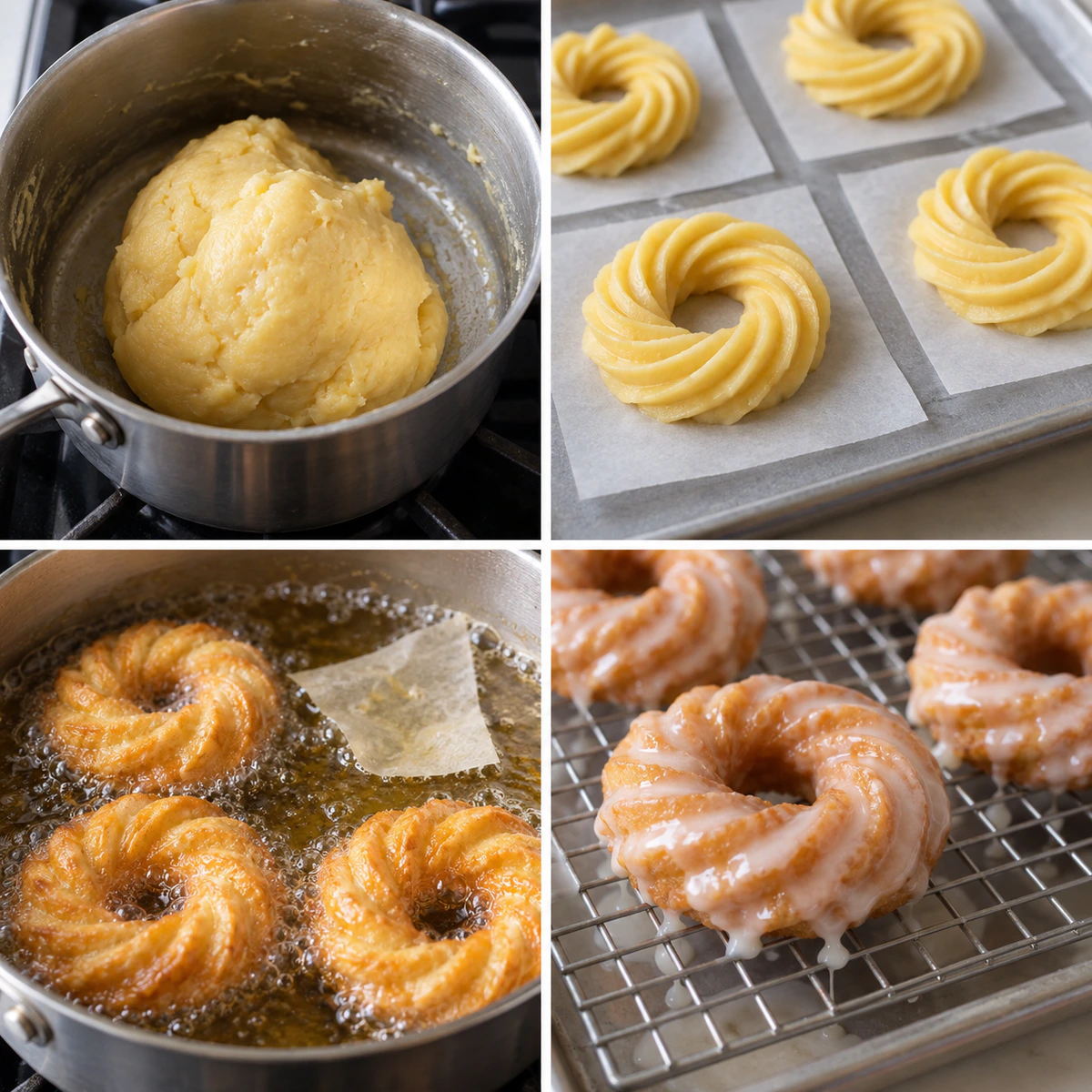 Four chronological preparation stages for French Pastry Donuts
