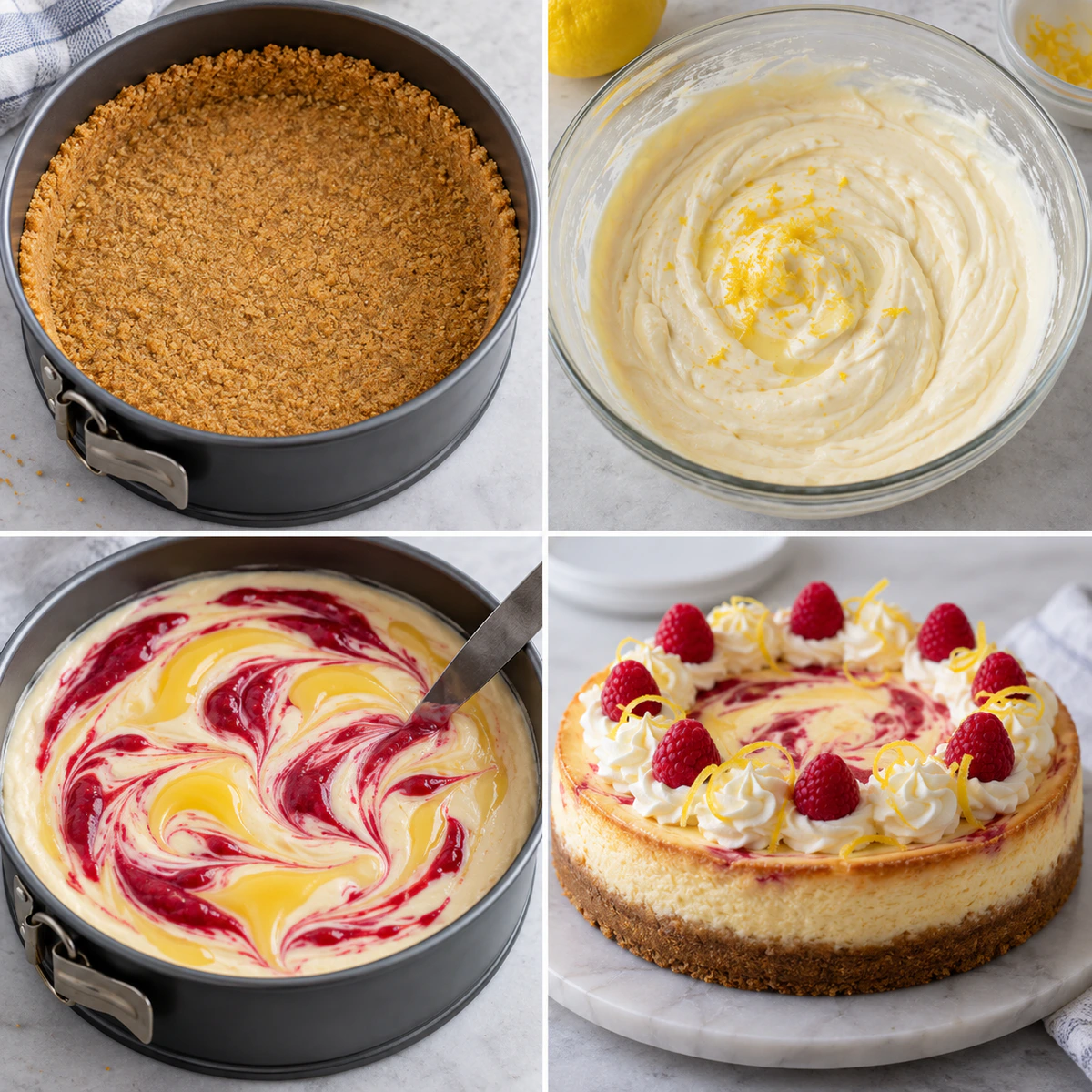 Four chronological preparation stages for Sweet Citrus Cheesecake