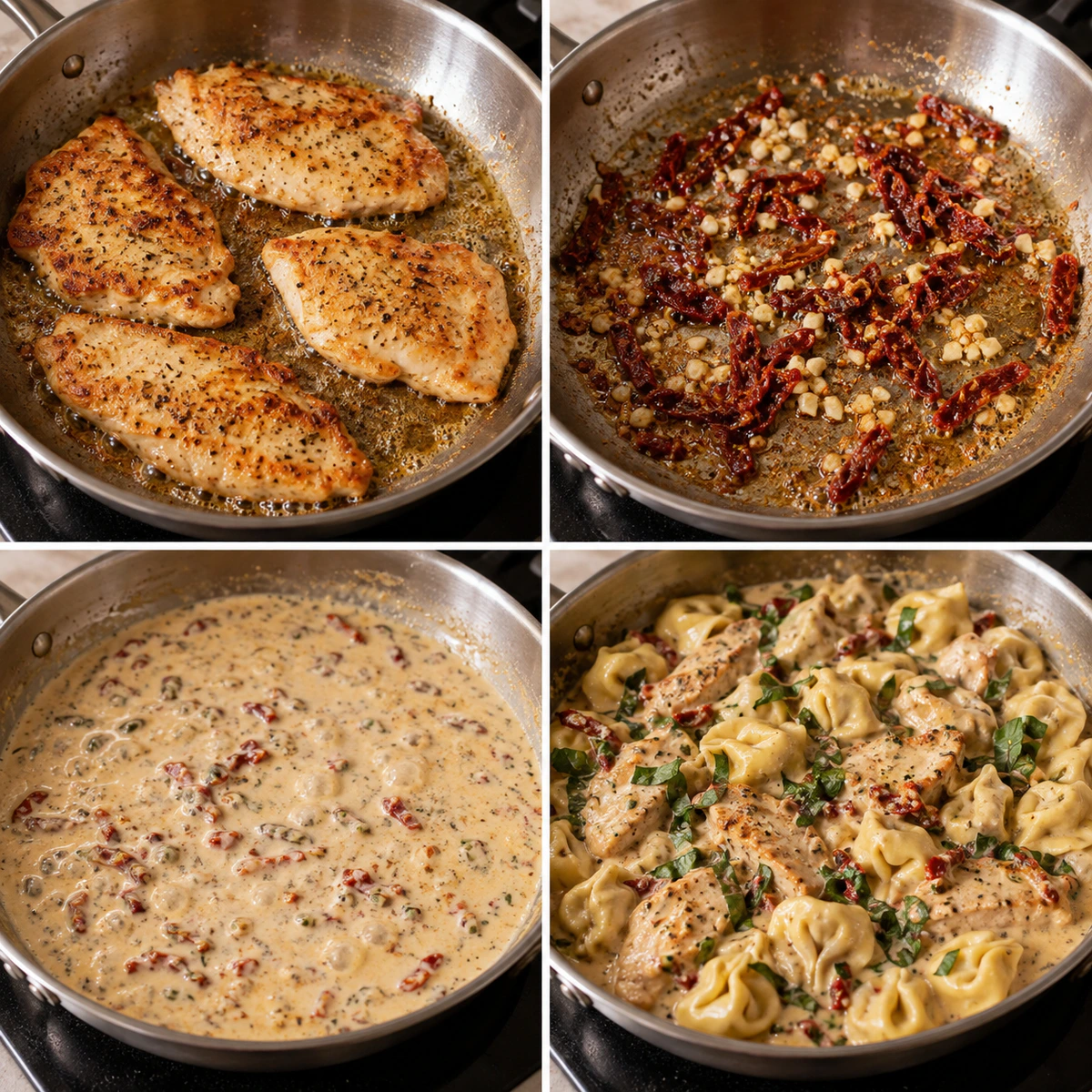 Four chronological preparation stages for Creamy Chicken Pasta
