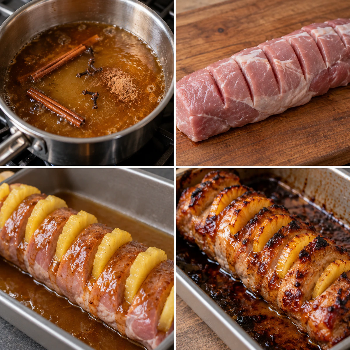 Four chronological preparation stages for Sweet Glazed Pork