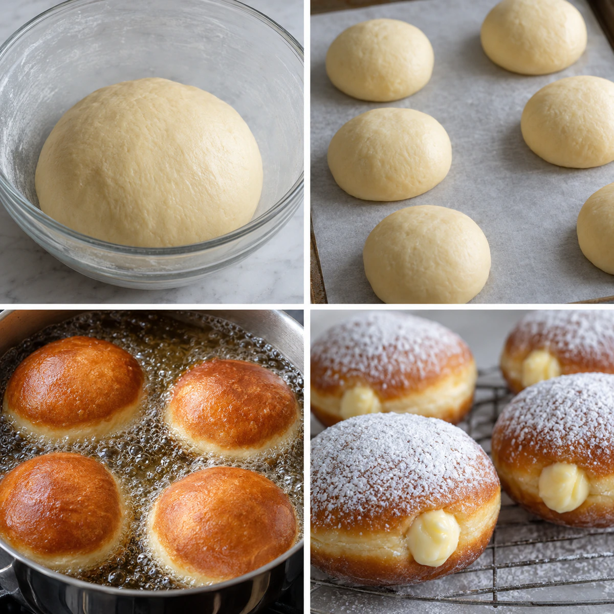Four chronological preparation stages for Fresh Filled Donuts