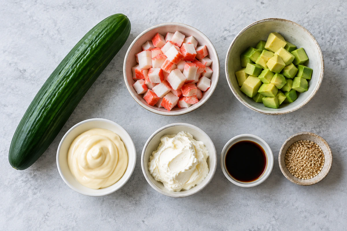 Exact measured ingredients for California Roll Cucumber Salad