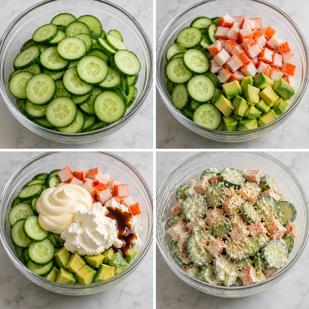 Four chronological preparation stages for California Roll Cucumber Salad