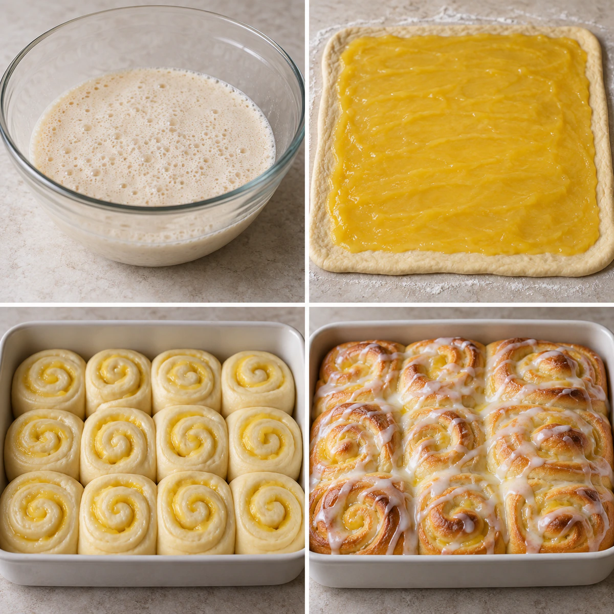 Four chronological preparation stages for Tangy Breakfast Rolls