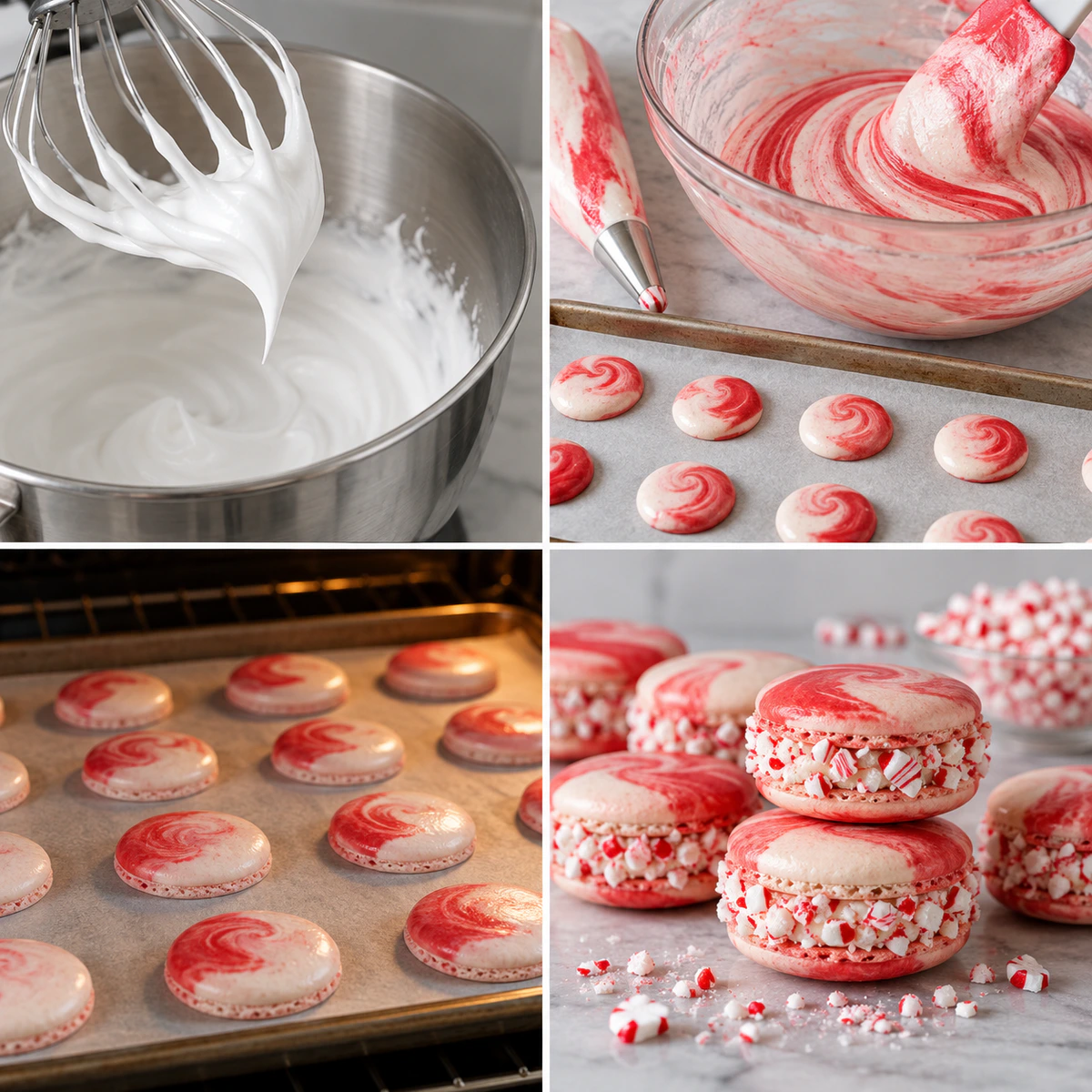 Four chronological preparation stages for French Holiday Macarons