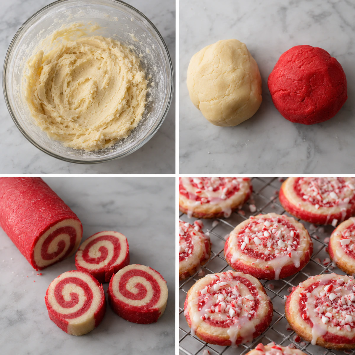 Four chronological preparation stages for Holiday Swirl Cookies