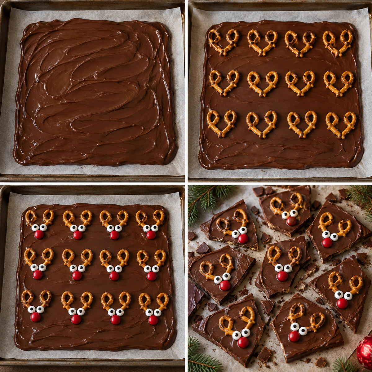 Four chronological preparation stages for Fun Holiday Chocolate Bark