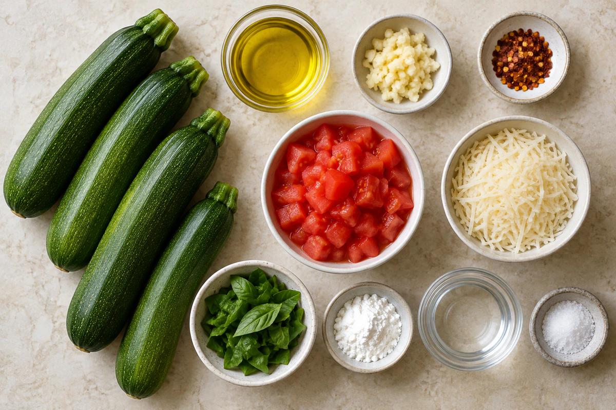 Exact measured ingredients for Quick and Fresh Zucchini Noodles with Tomatoes and Basil