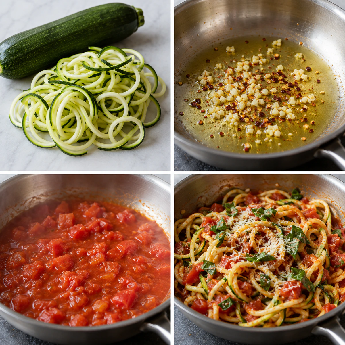 Four chronological preparation stages for Quick and Fresh Zucchini Noodles with Tomatoes and Basil
