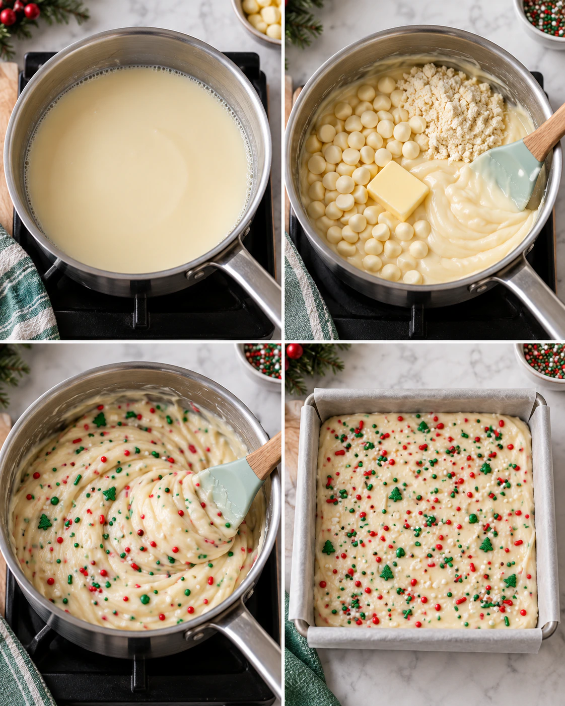 Four chronological preparation stages for Sweet Holiday Cookie Fudge