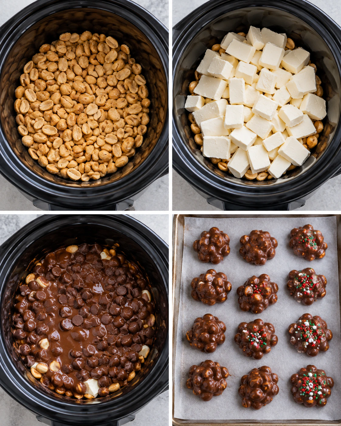 Four chronological preparation stages for Easy Chocolate Peanut Candy