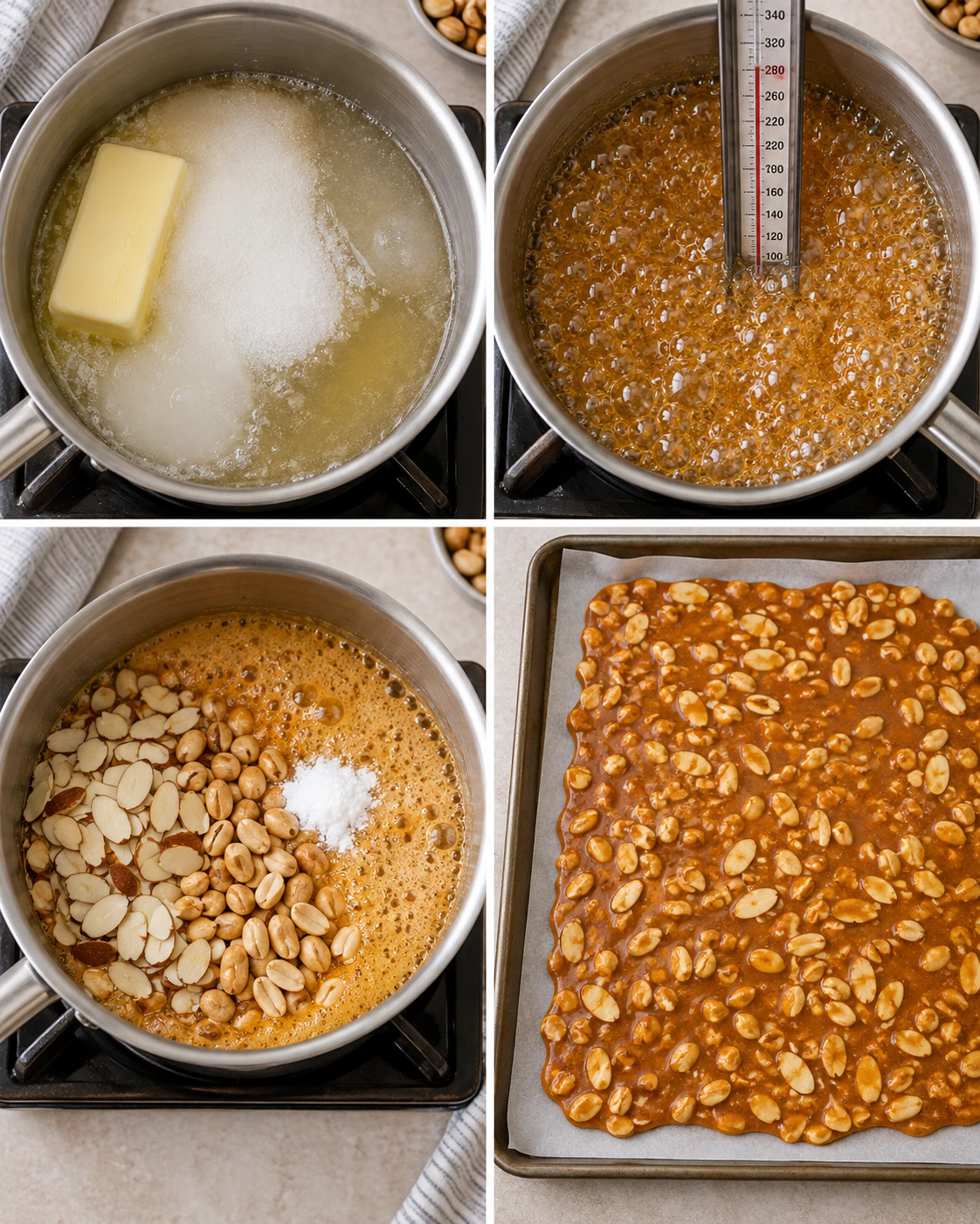 Four chronological preparation stages for Sweet Crunchy Candy