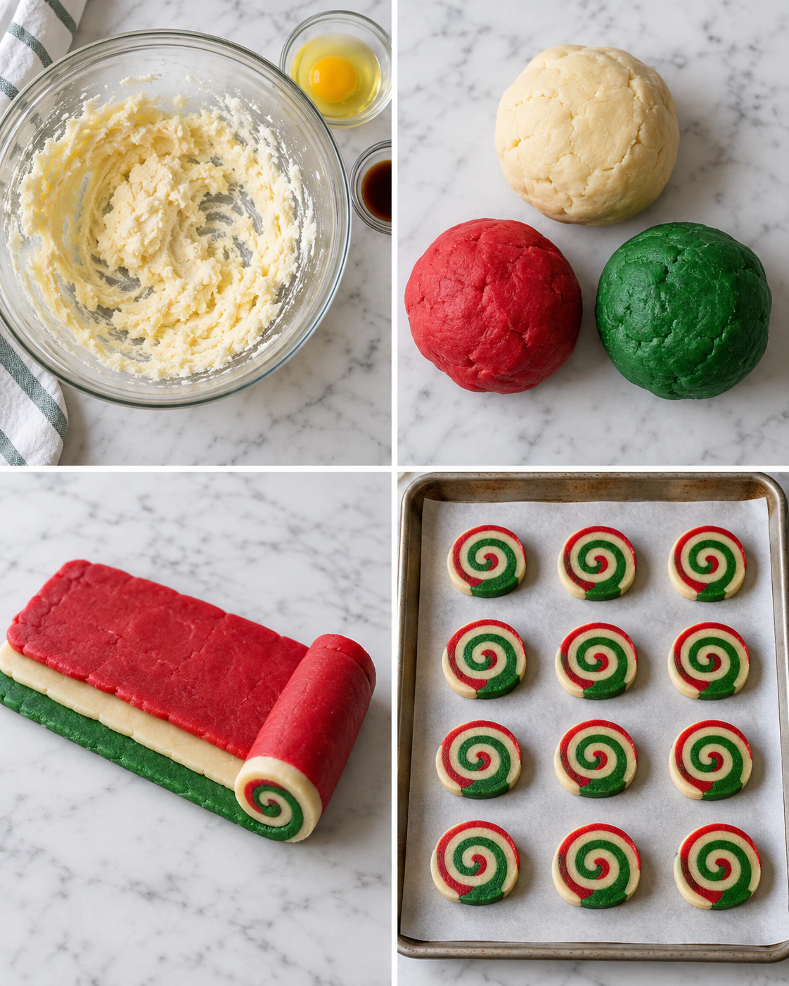 Four chronological preparation stages for Festive Swirl Holiday Treats