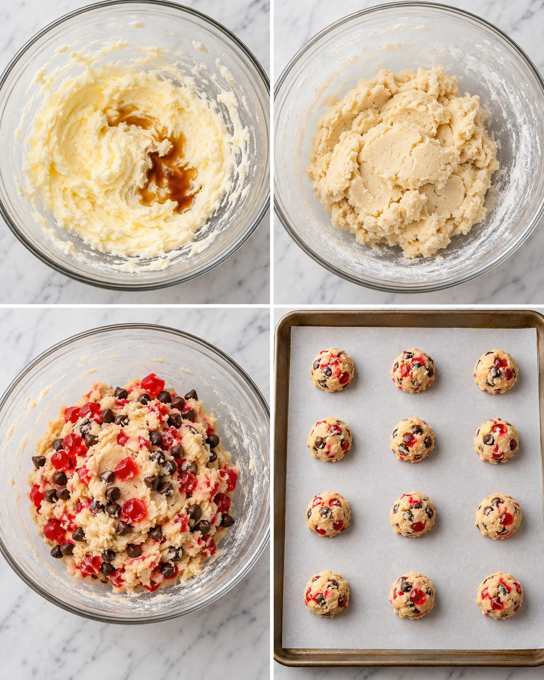 Four chronological preparation stages for Sweet Holiday Cookies