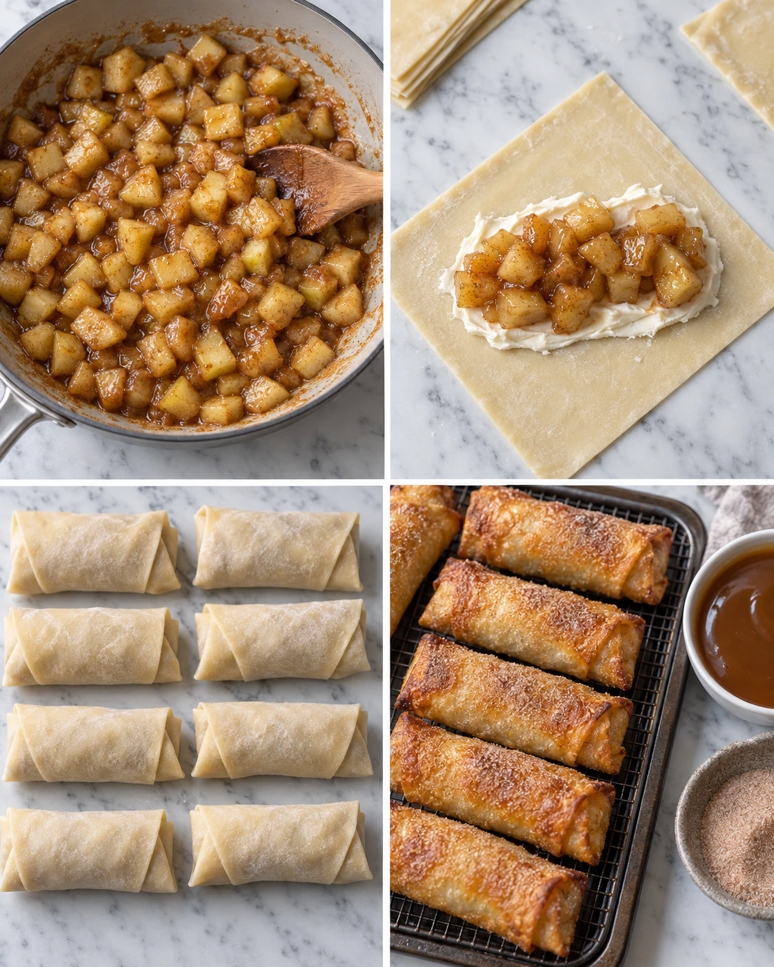 Four chronological preparation stages for Sweet Apple Rolls