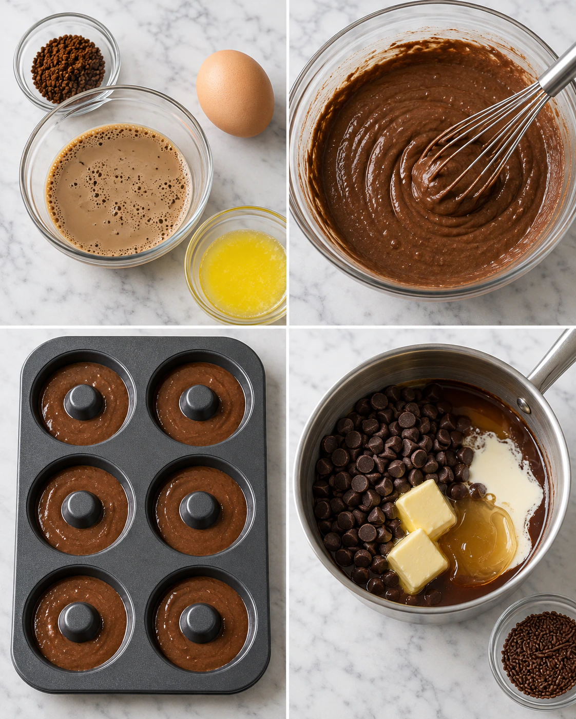 Four chronological preparation stages for Coffee Chocolate Rings