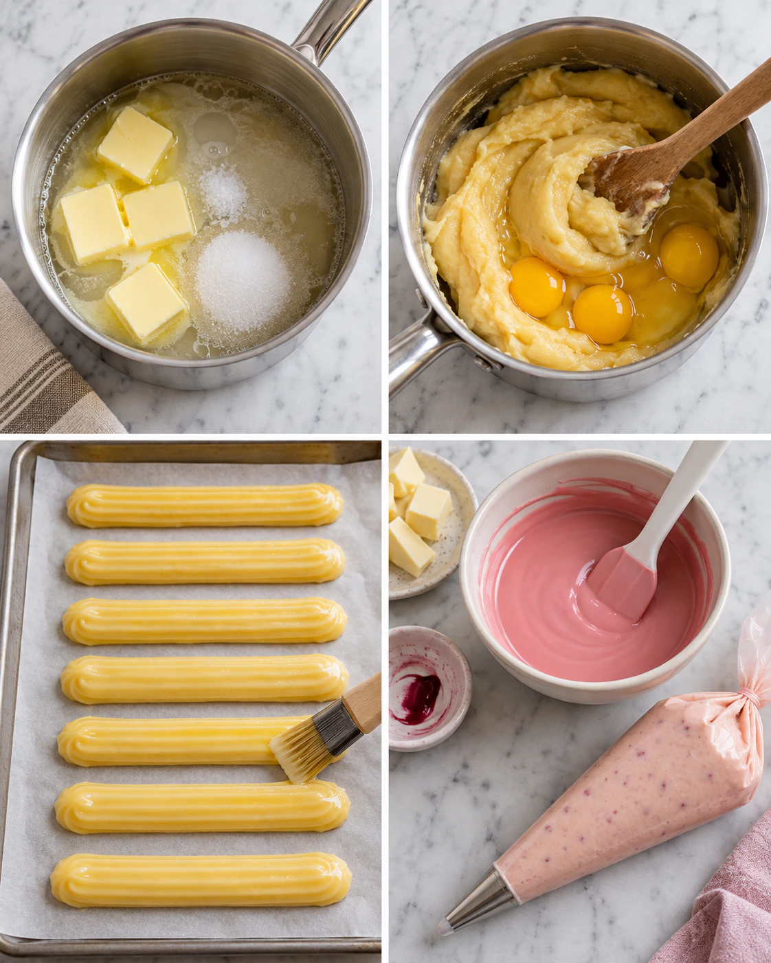 Four chronological preparation stages for French Berry Pastries