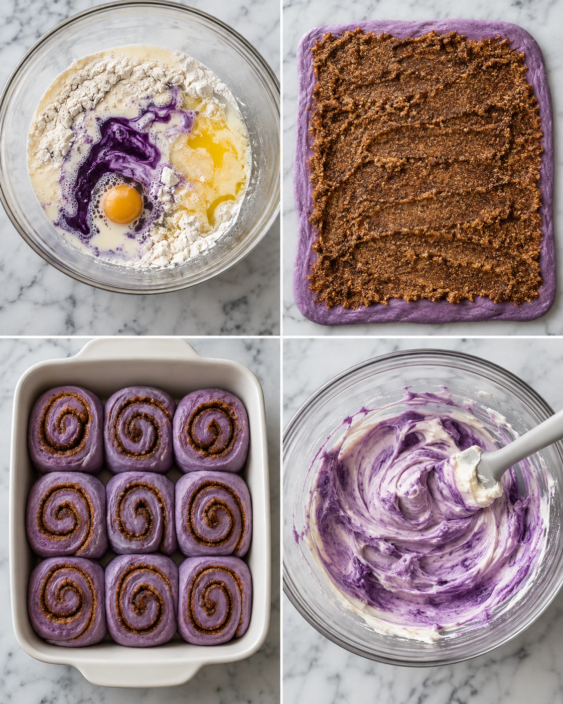 Four chronological preparation stages for Purple Sweet Rolls