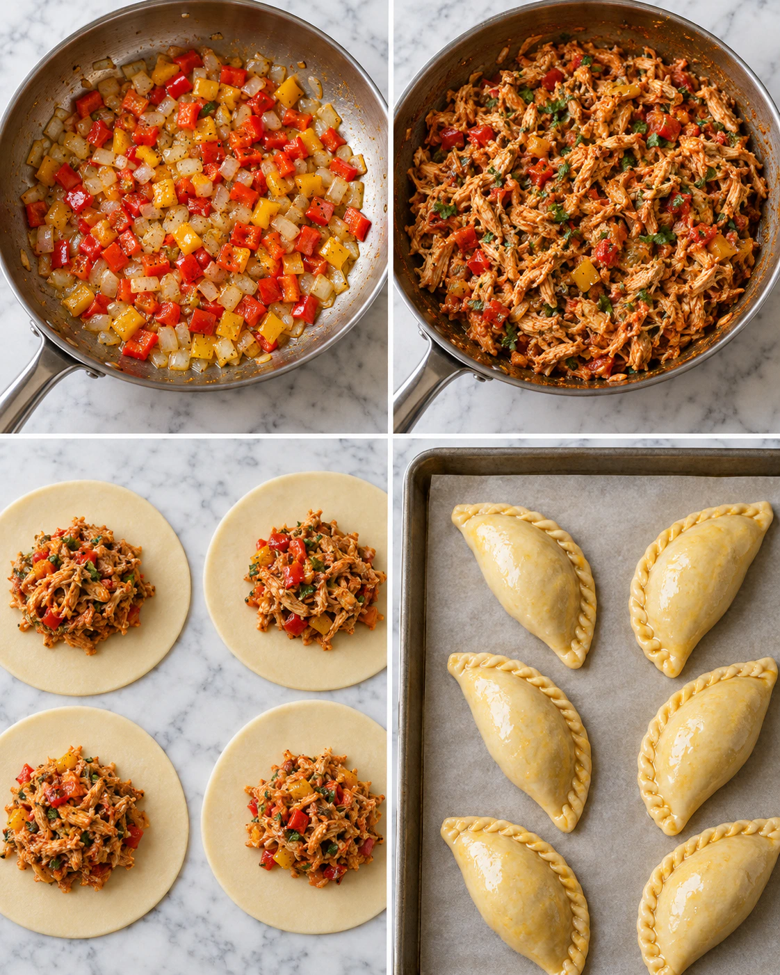 Four chronological preparation stages for Golden Stuffed Pockets