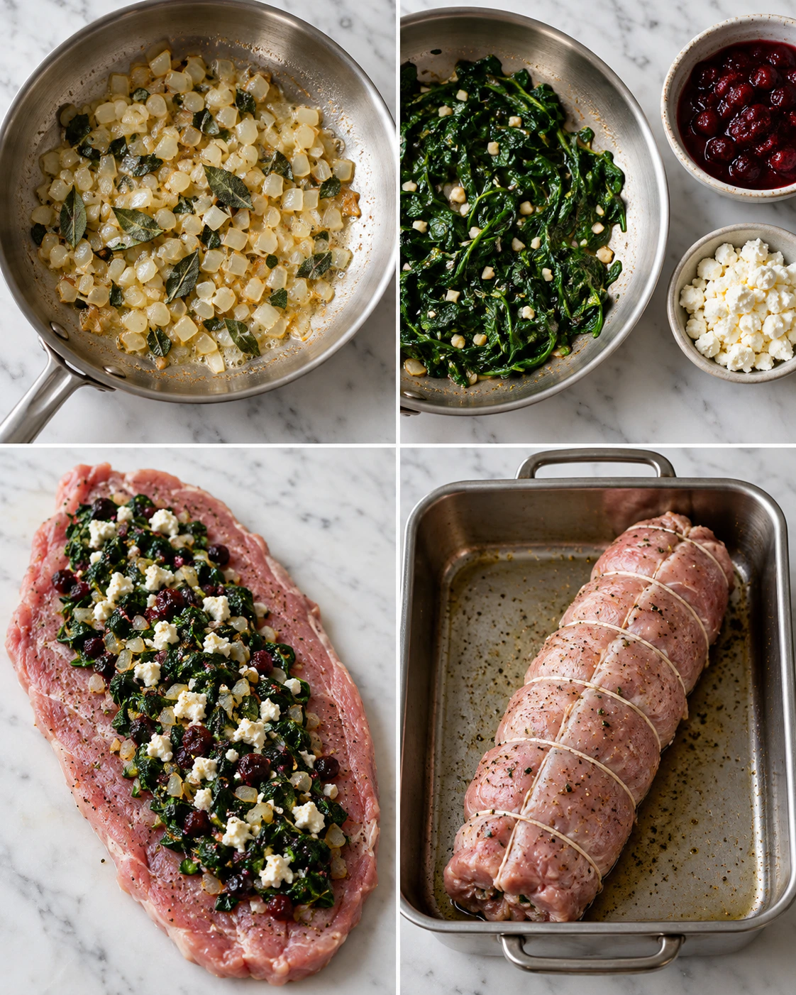 Four chronological preparation stages for Festive Pork Tenderloin