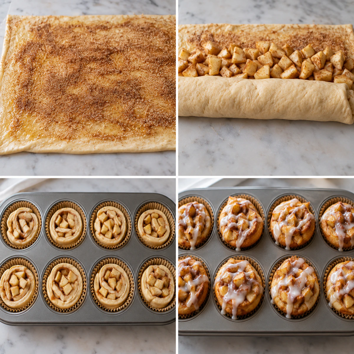 Four chronological preparation stages for Easy Apple Roll Treats