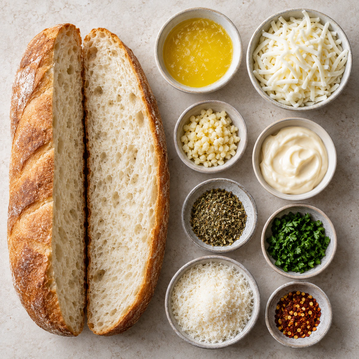 Exact measured ingredients for Ultimate Cheese Garlic Loaf