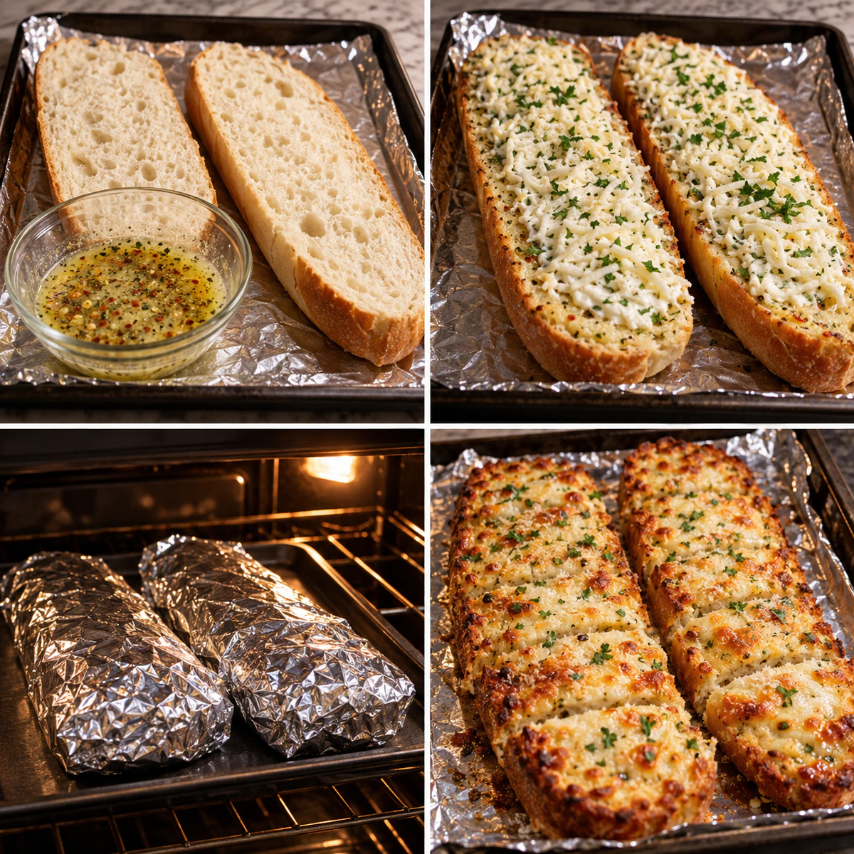 Four chronological preparation stages for Ultimate Cheese Garlic Loaf