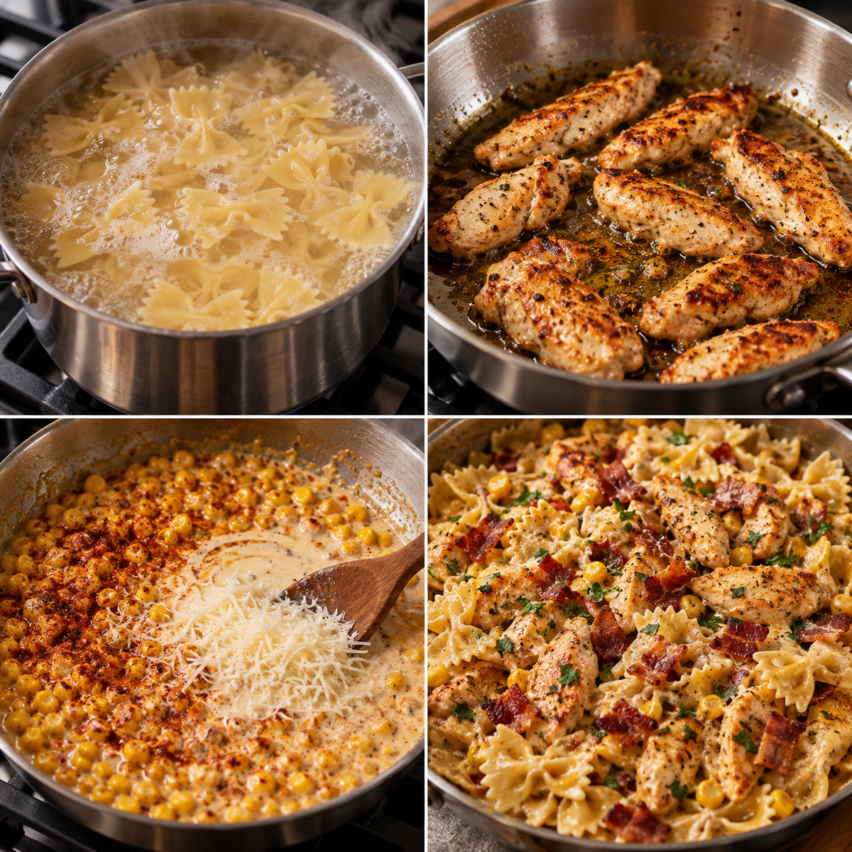 Four chronological preparation stages for Creamy Summer Pasta Magic
