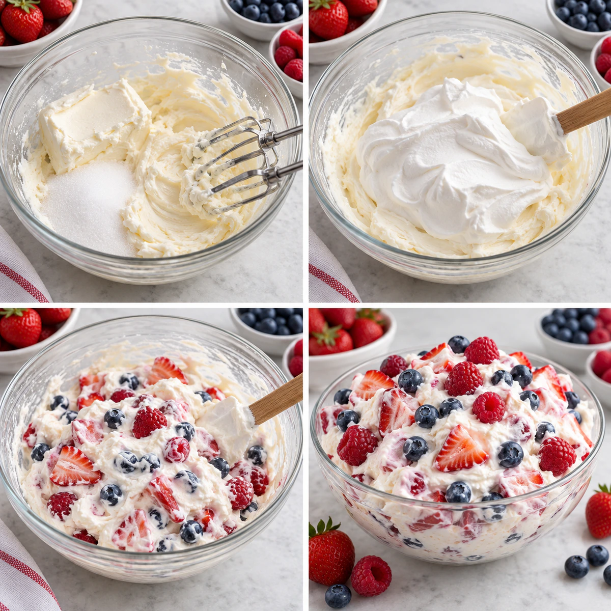 Four chronological preparation stages for Fresh Summer Fruit Mix