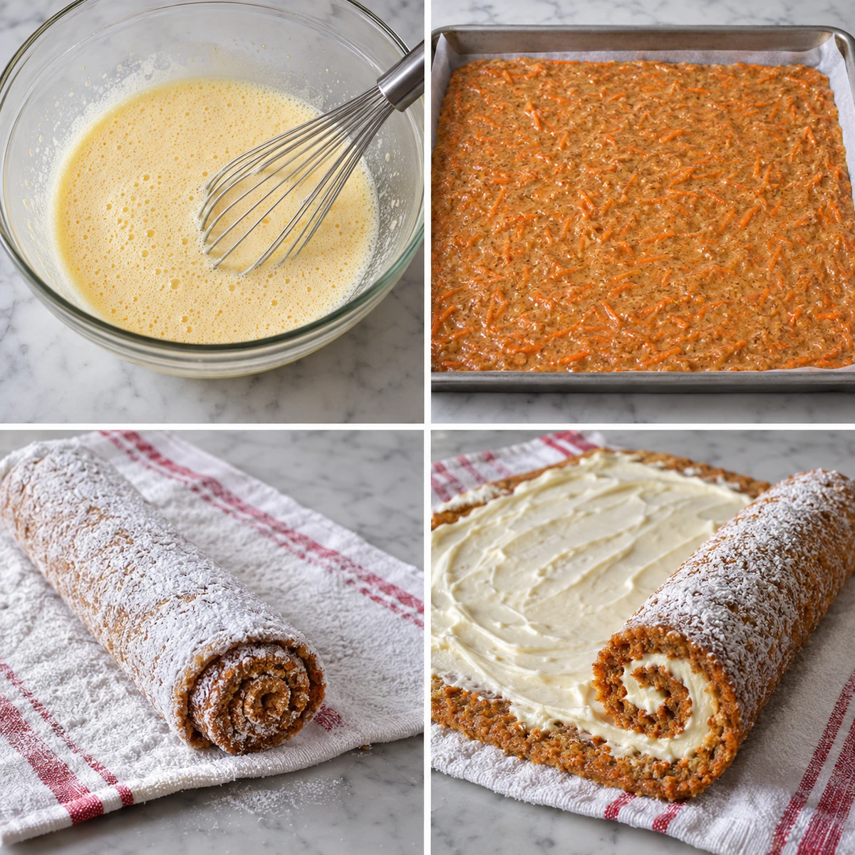 Four chronological preparation stages for Sweet Rolled Carrot Treat