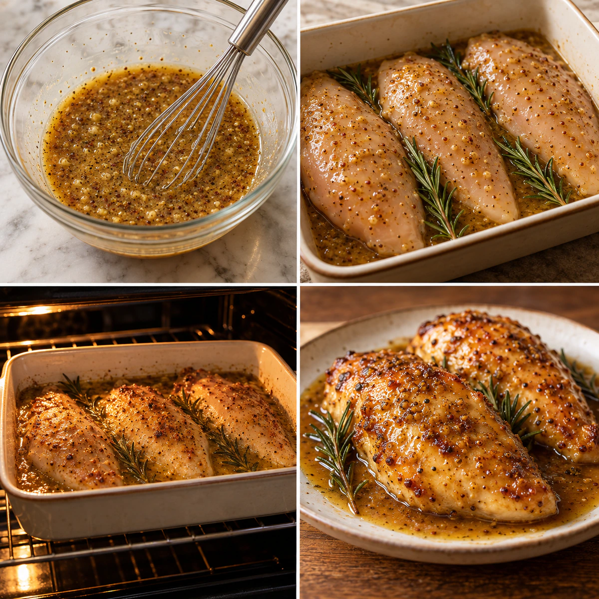 Four chronological preparation stages for Easy Sweet Mustard Chicken