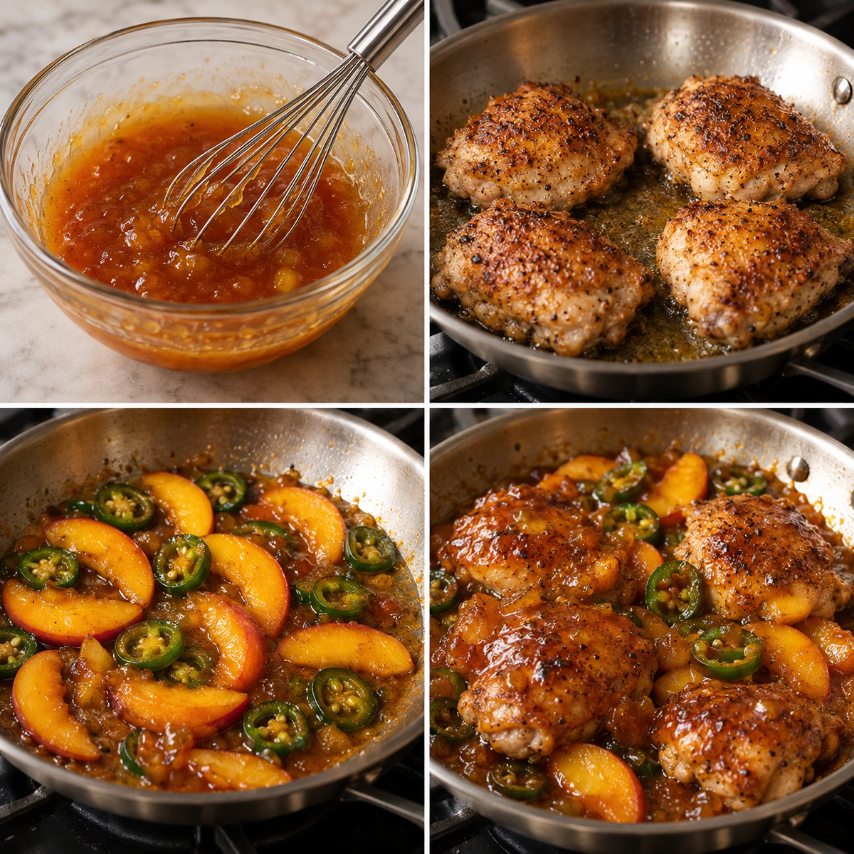 Four chronological preparation stages for Sweet & Spicy Chicken