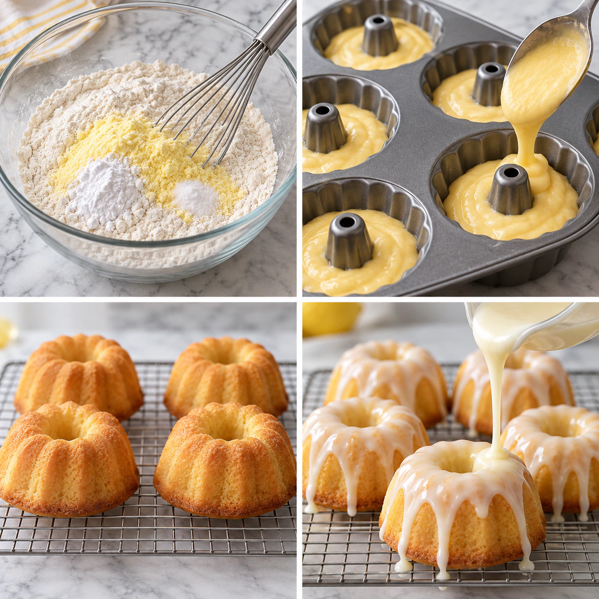 Four chronological preparation stages for Tiny Citrus Bundt Treats
