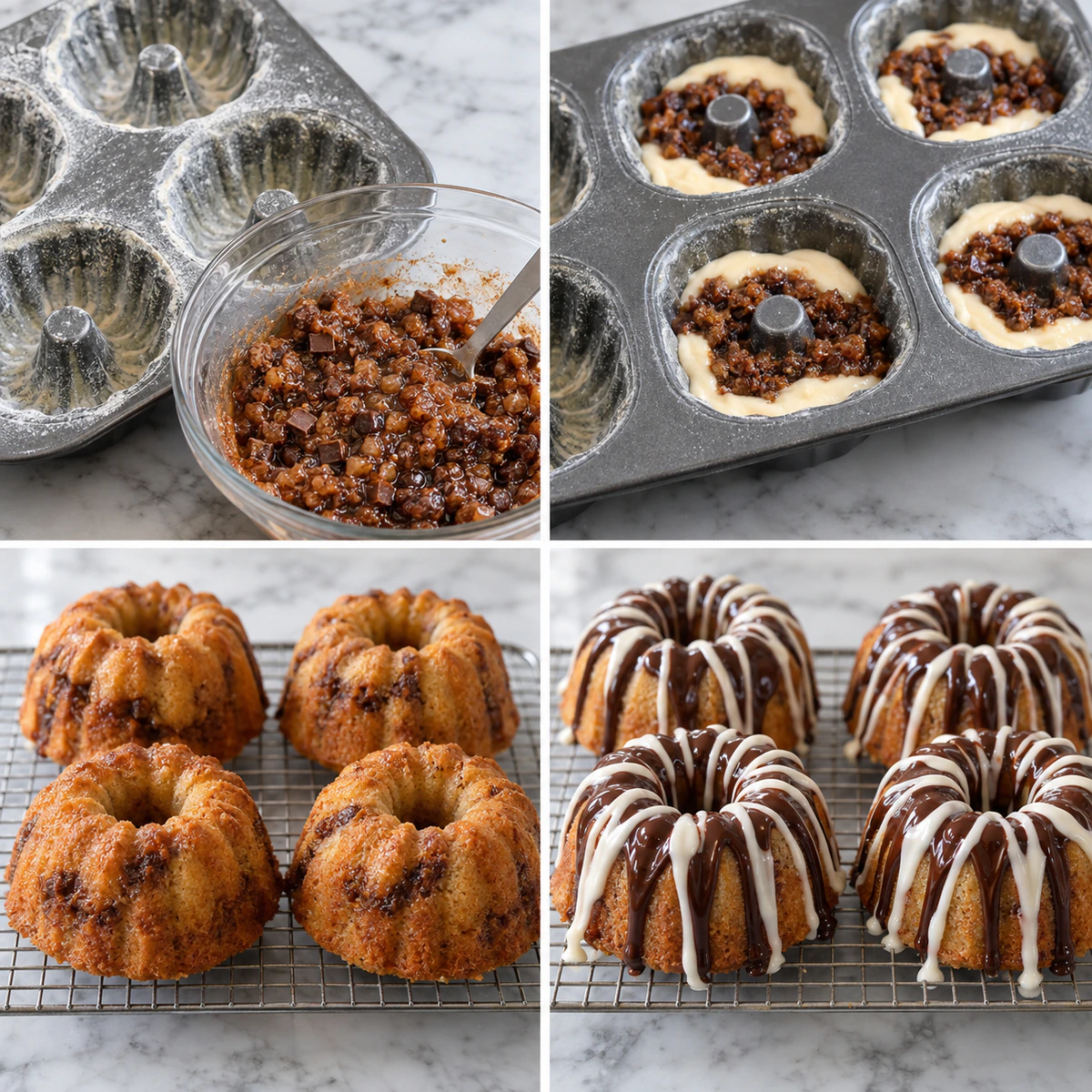 Four chronological preparation stages for Sweet Filled Mini Cakes