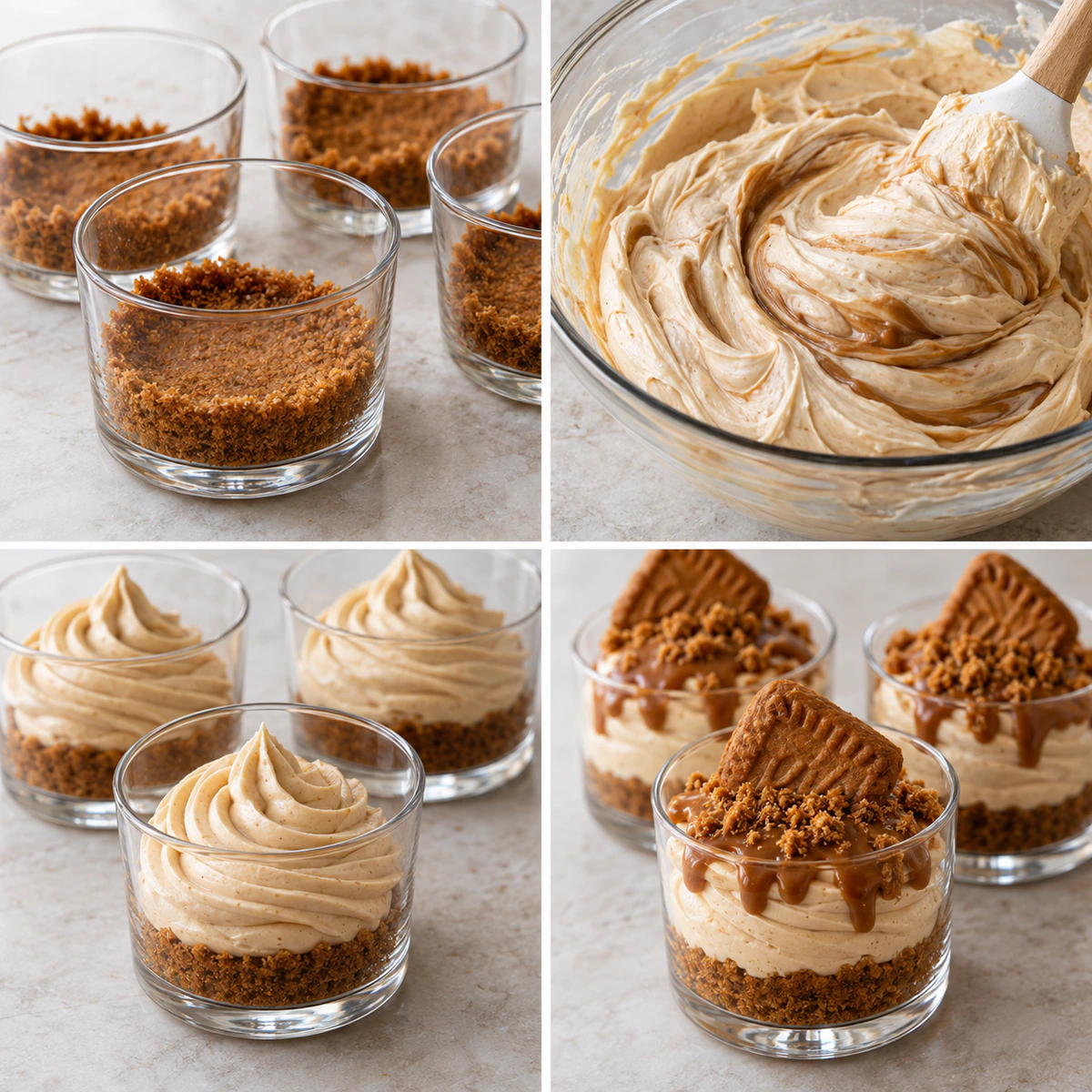 Four chronological preparation stages for No-Bake Cookie Butter Cups