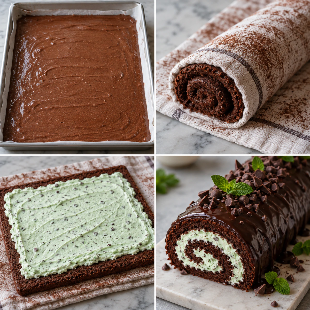 Four chronological preparation stages for Fresh Mint Chocolate Roll