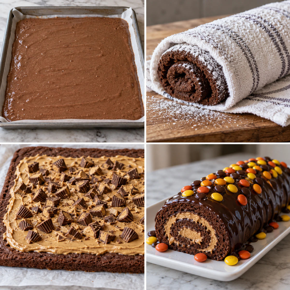 Four chronological preparation stages for Chocolate Peanut Butter Roll
