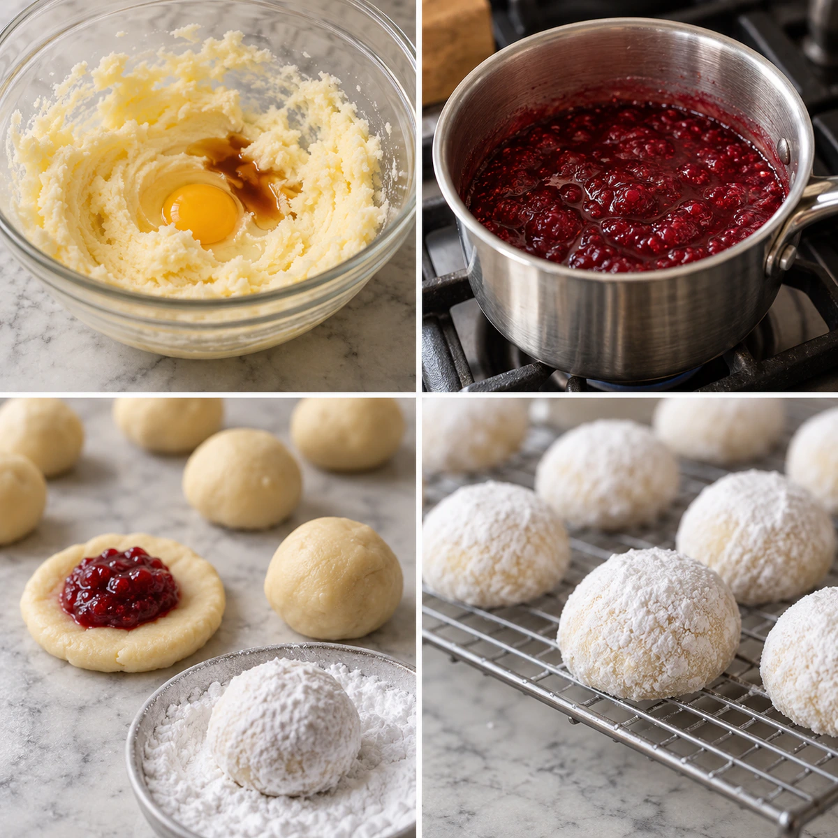 Four chronological preparation stages for Sweet Jam Filled Treats