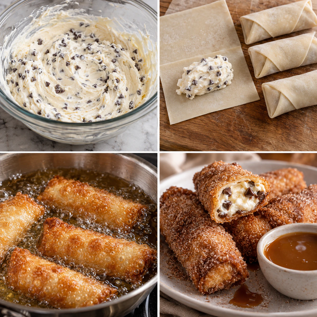 Four chronological preparation stages for Sweet Crispy Cheesecake Rolls