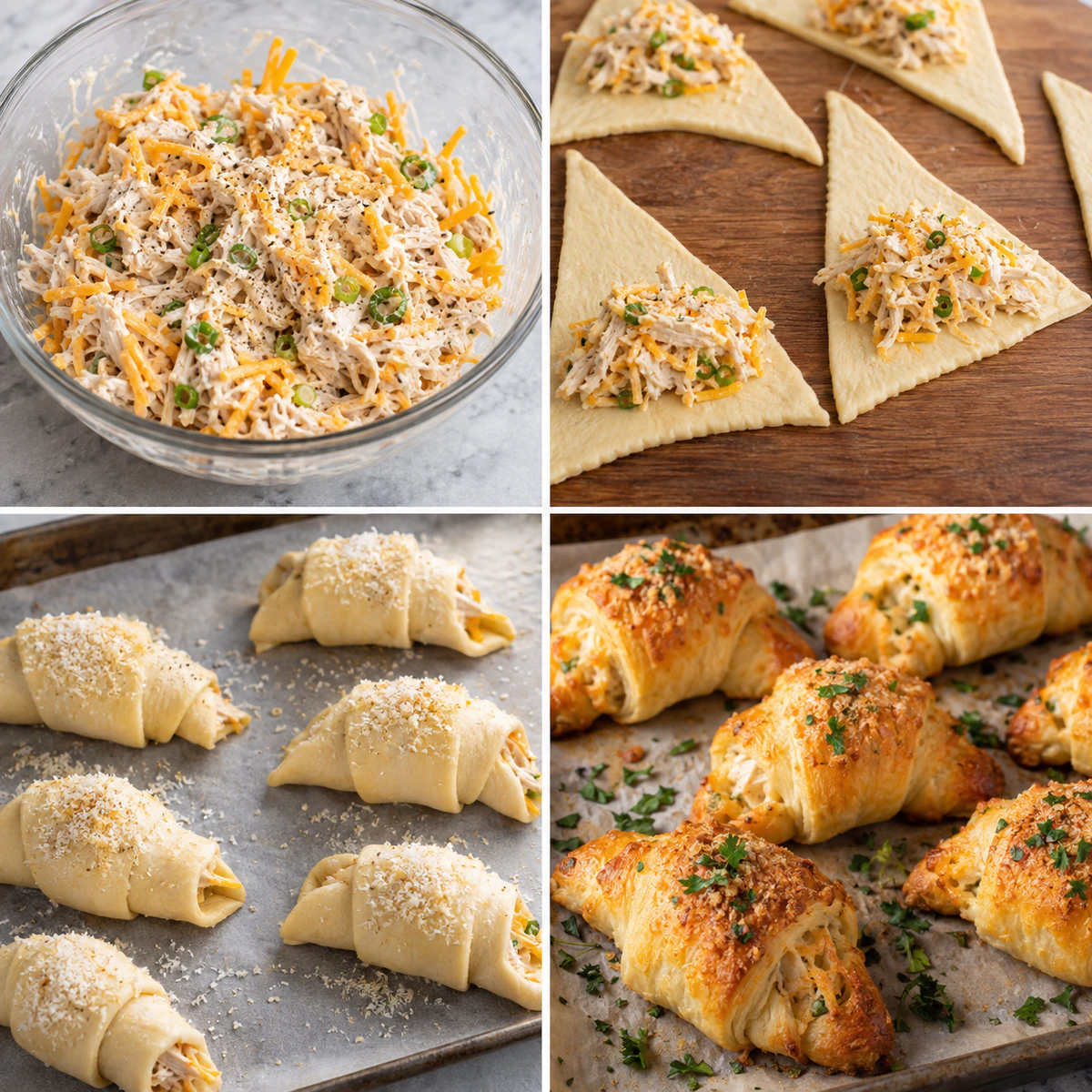 Four chronological preparation stages for Cheesy Chicken Roll Ups