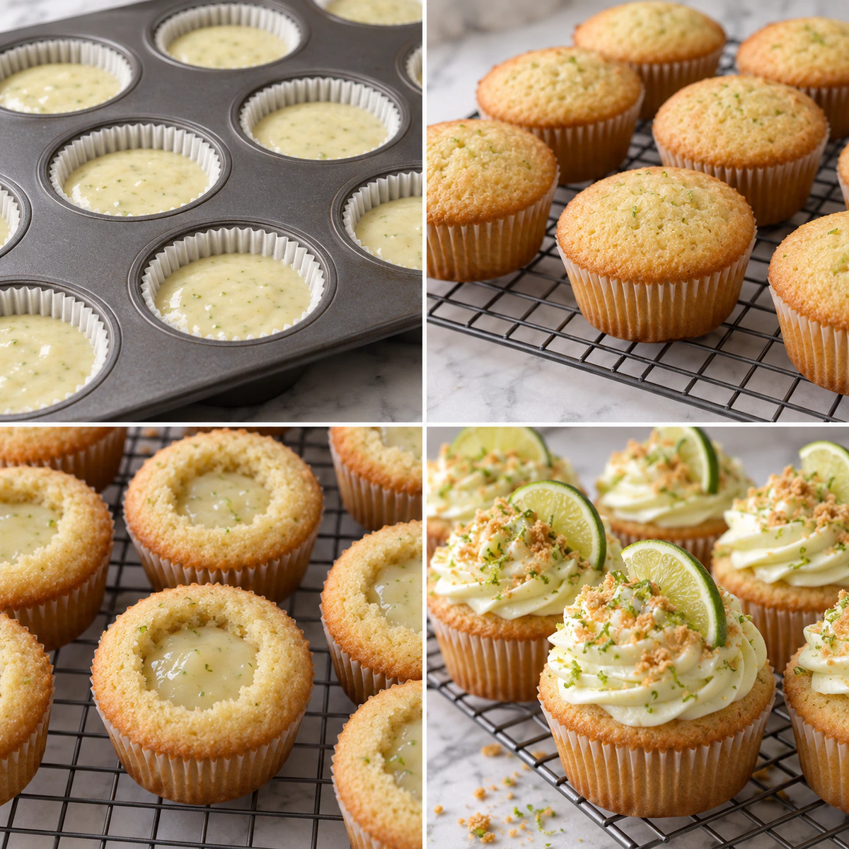 Four chronological preparation stages for Zesty Lime Treat Cakes