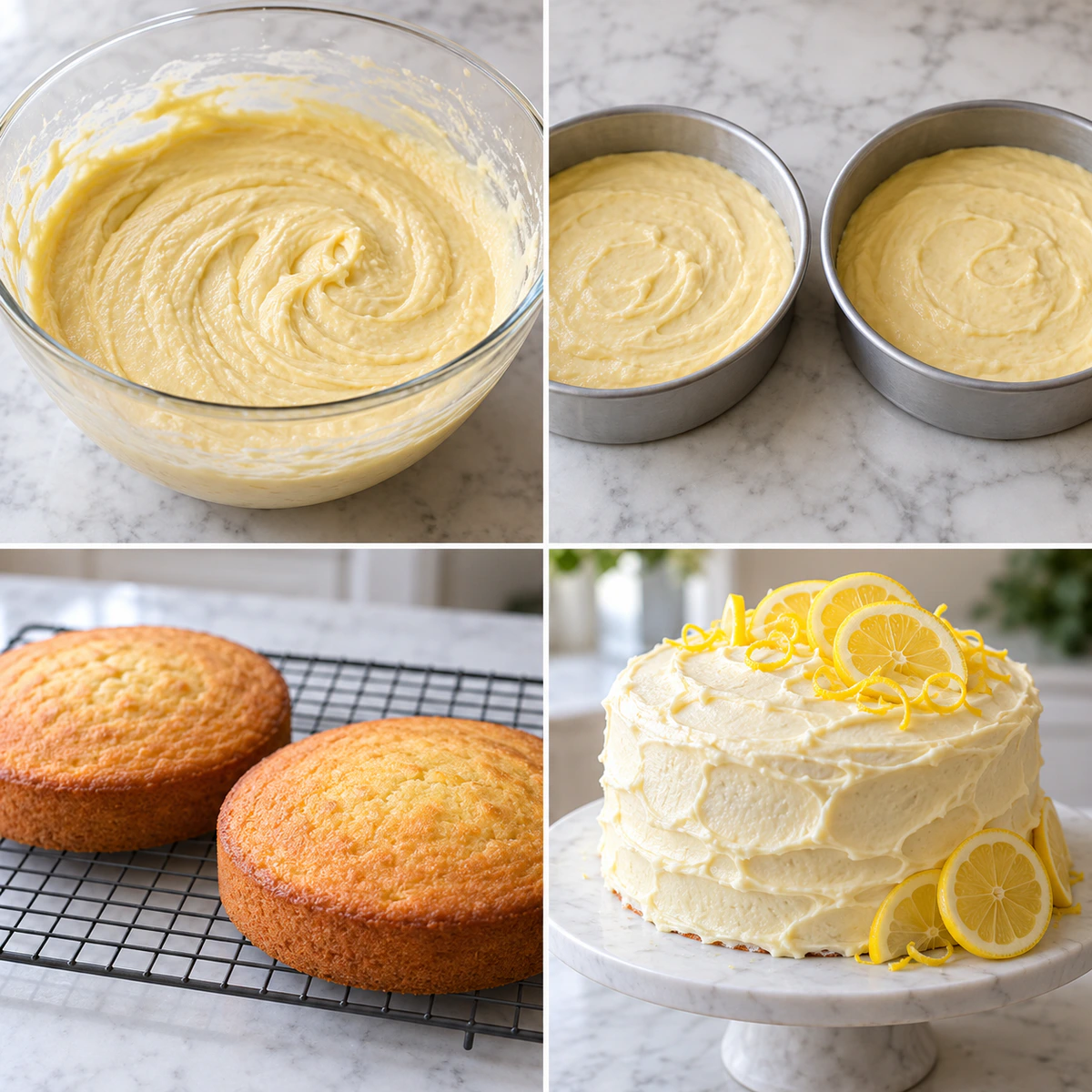 Four chronological preparation stages for Zesty Lemon Layer Cake